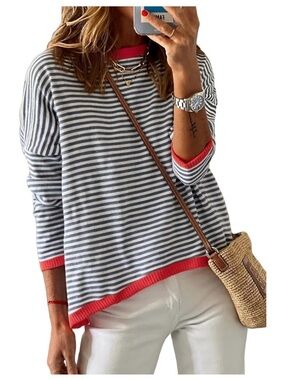 Striped Knit Sweater with Red Trim